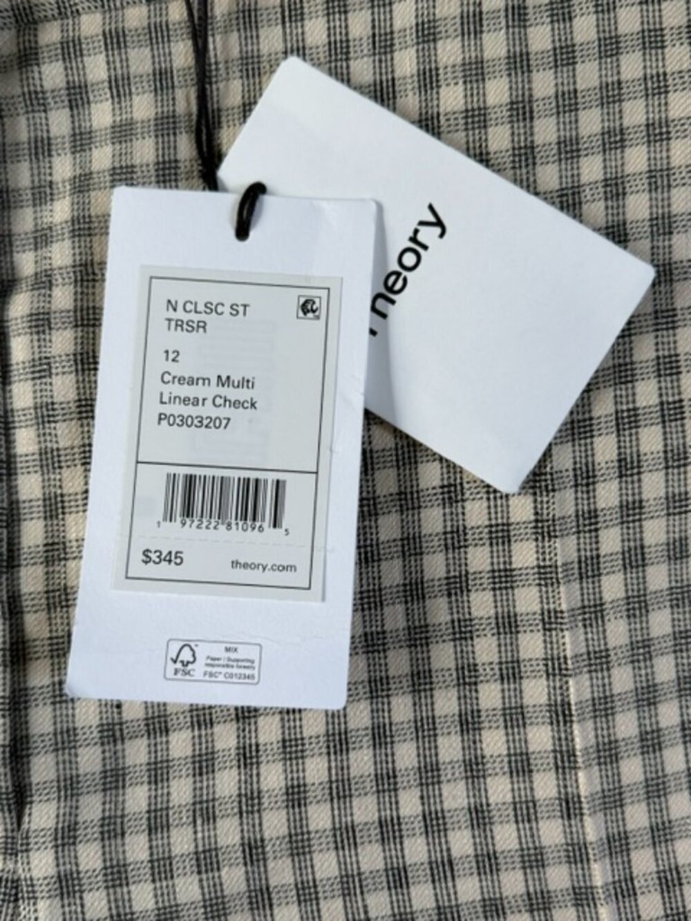 Theory Womens Pants Cream Linear Check Classic Straight Trouser Size 12 NWT $345 - Picture 8 of 16